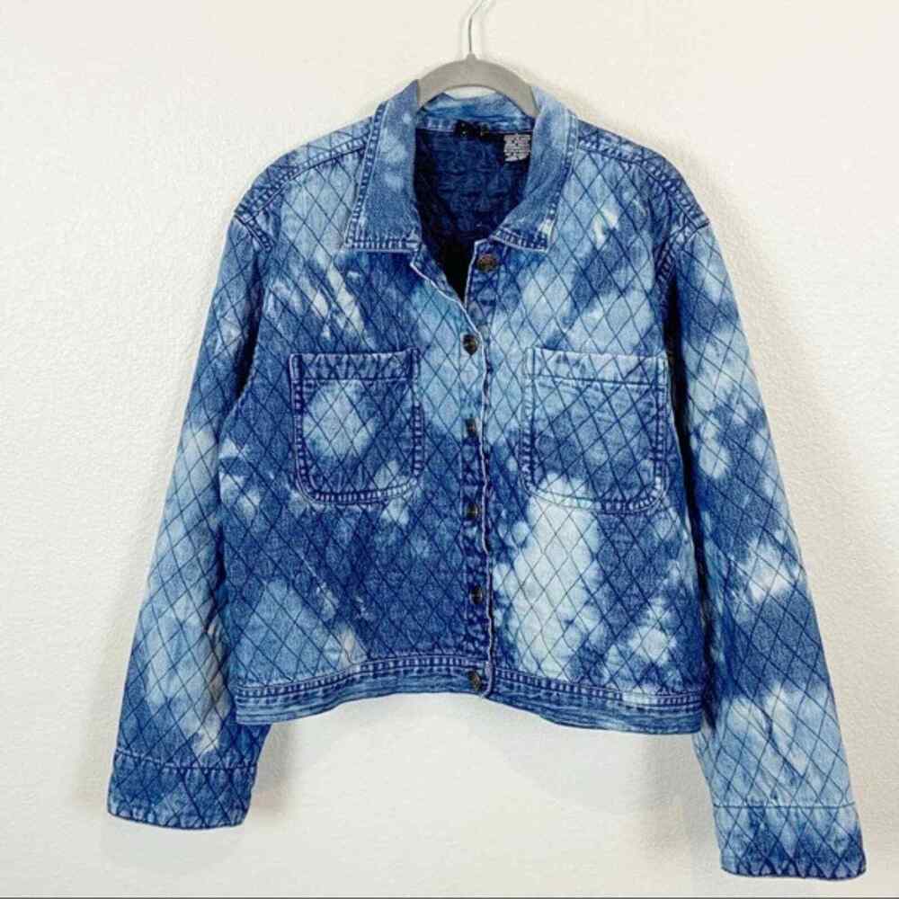Quilted Denim Jean Jacket PTNY Vintage Women's Funky Upcycled Bleach Dyed sz L